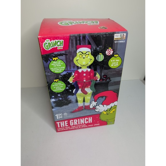 49" CHRISTMAS LIGHTED TINSEL GRINCH W/ STOCKINGS 3D YARD SCULPTURE DECOR - Picture 3 of 10